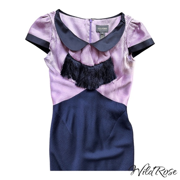 ZAC POSEN MARILYN DRESS - Lilac & Navy Blue Collared Fringe Silk Dress SZ 2 - Picture 3 of 17